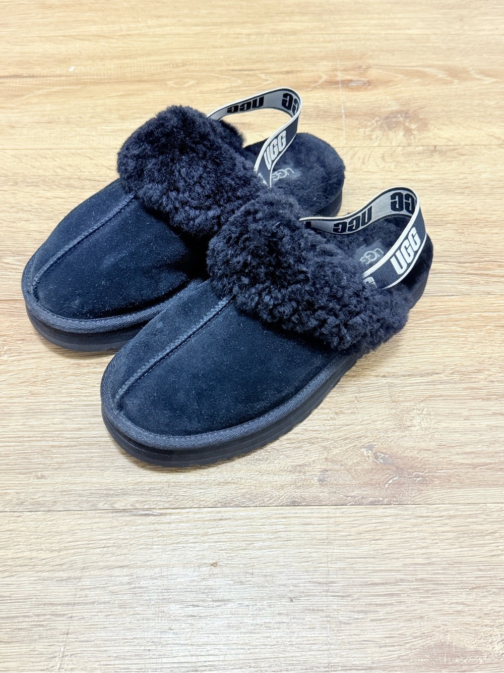 UGG Black Kids Suede Slip-On Slippers with Shearling Cuff